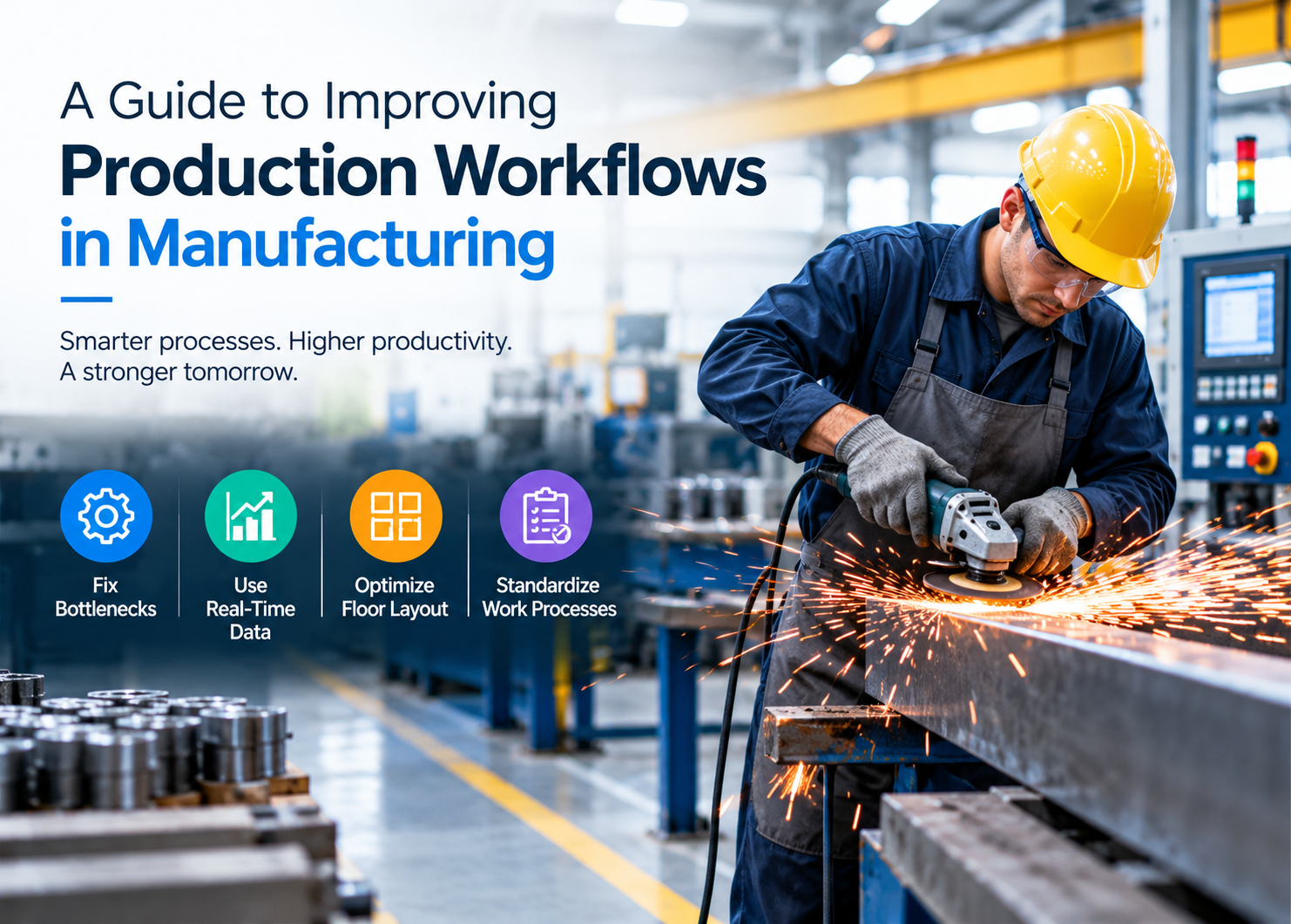 A manufacturing worker wearing a yellow hard hat operates a grinding machine, producing sparks on a metal surface inside a modern factory. The banner highlights strategies for improving production workflows, including fixing bottlenecks, using real-time data, optimizing layouts, and standardizing work processes.